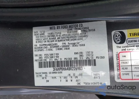 2011 Ford Fusion Se из США, поврежденный, VIN 3FAHP0HA4BR226983